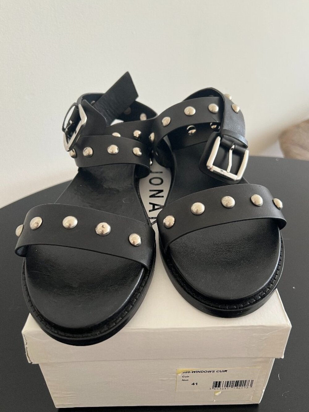JONAK Black Gladiator Style Studded Flat Sandals - Size 41